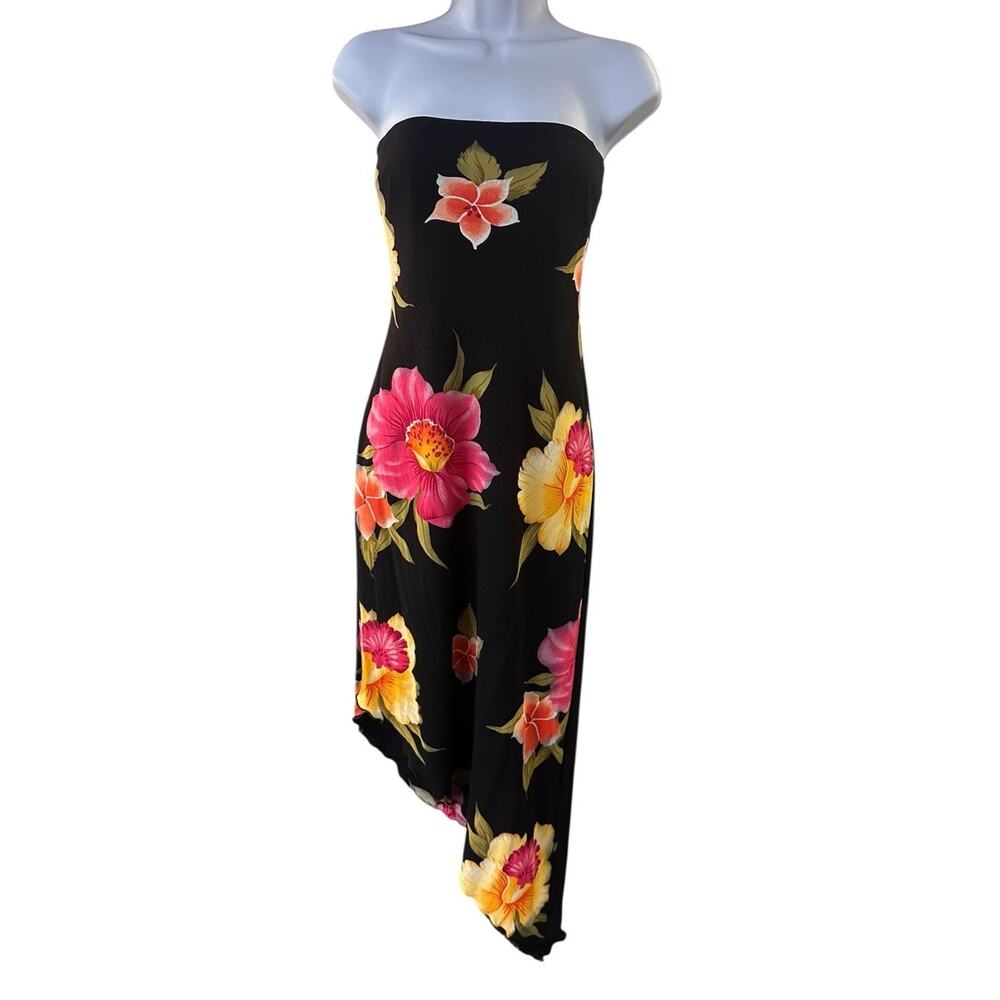 Vintage Caché Tropical Floral Strapless Dress Asymmetrical Hem Y2K Beach L